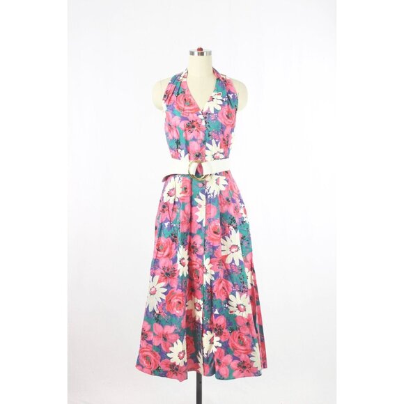 Vintage Dresses & Skirts - Vintage 80's CANNES Pink Floral Cotton Canvas Halter Midi Circle Dress, Size 14